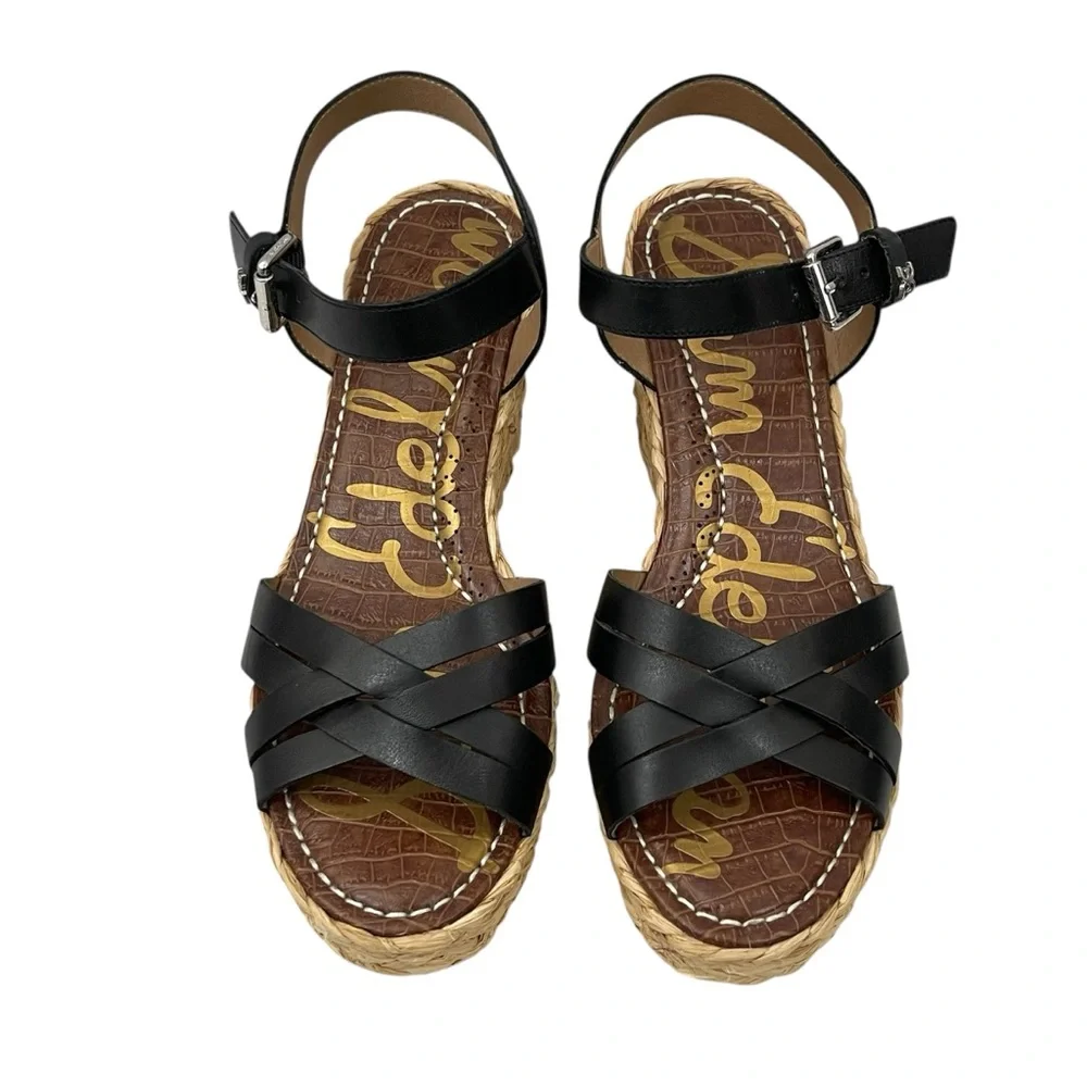 Sam Edelman Darline Black Leather Wedge Espadrilles Sandals - Picture 3 of 11